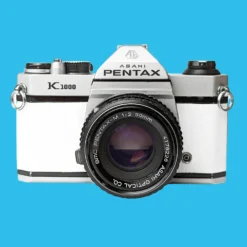 Pentax K1000 White Leather Vintage SLR 35mm Film Camera With Pentax F/2 50mm Prime Lens